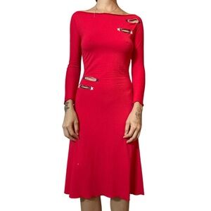 Blumarine Red Star Slits Long-Sleeve Open Back Dress